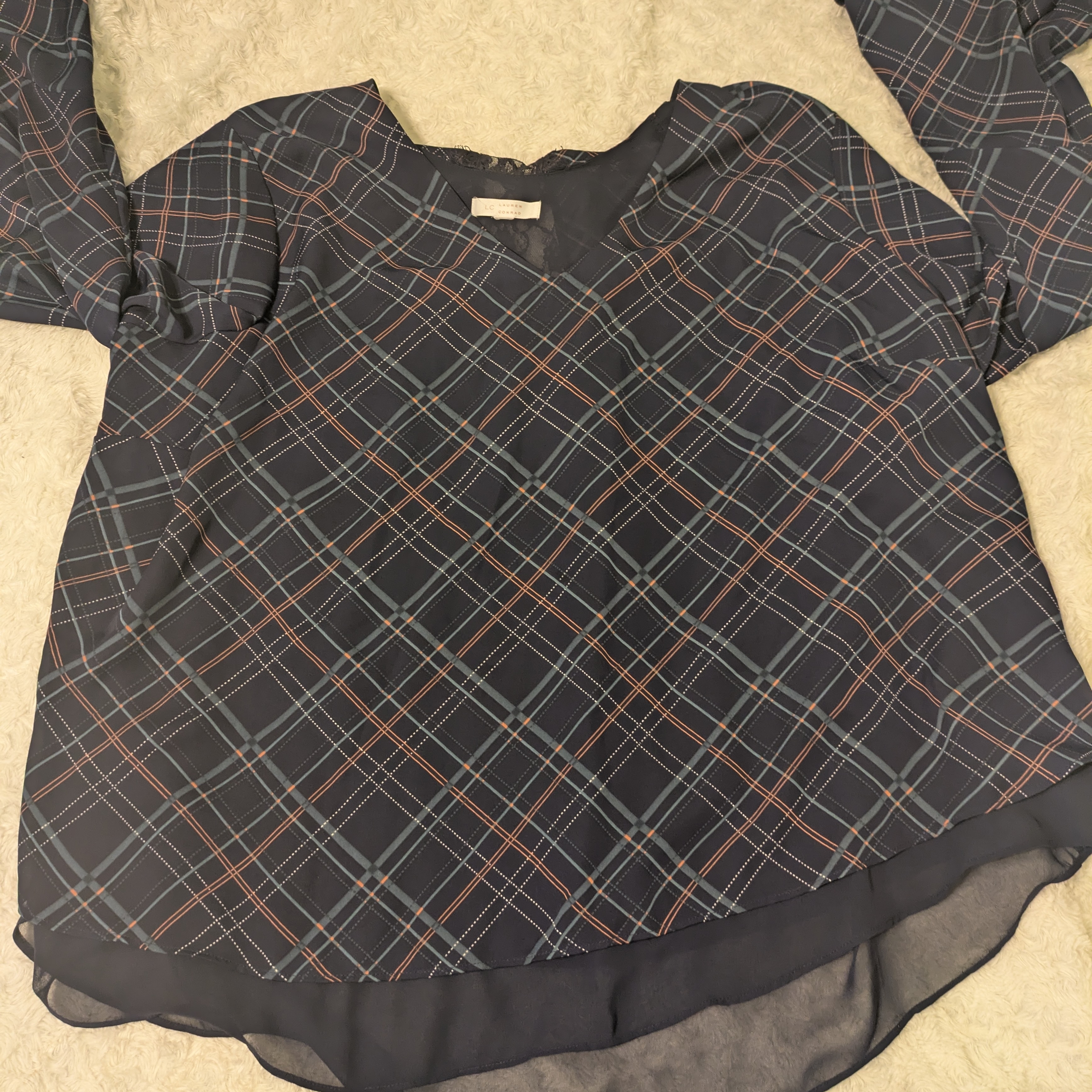 Lc Lauren Conrad Checkered Navy And Coral Blouse